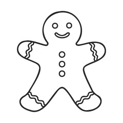Fototapeta premium Black and white gingerbread man outline illustration with smiling face and button details