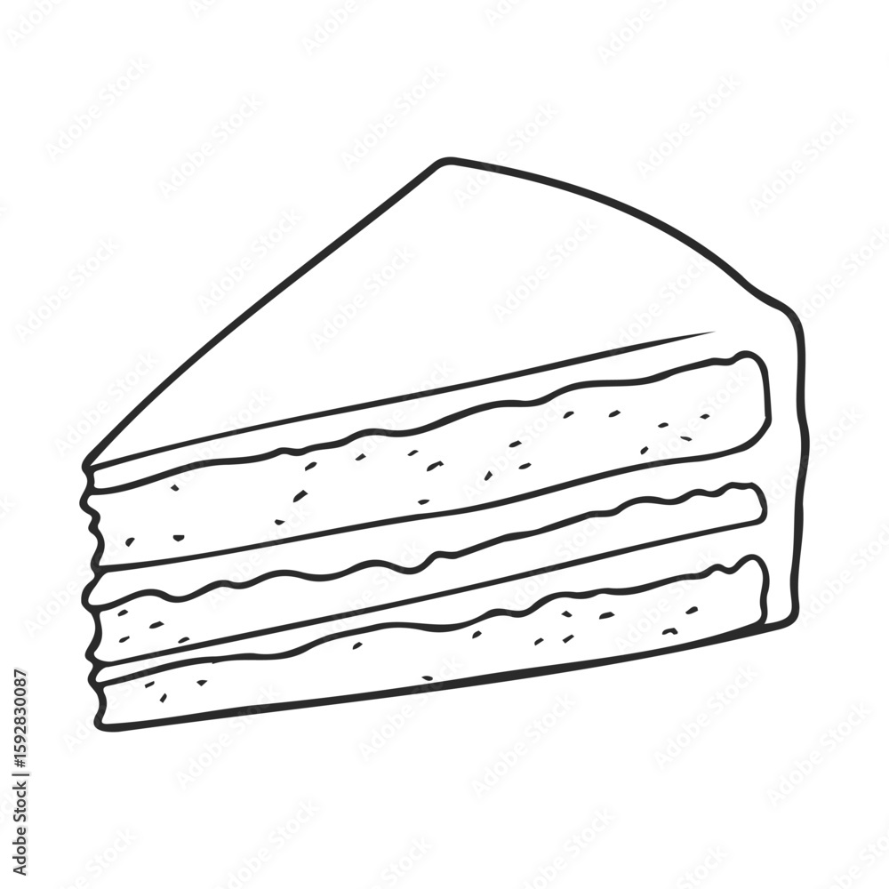 Poster sketch of a three-layer cake slice with icing and filling in black and white