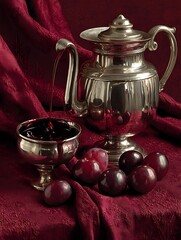 the scene features a shiny metal pitcher with a spout, from which a dark liquid is being poured into a matching metal goblet