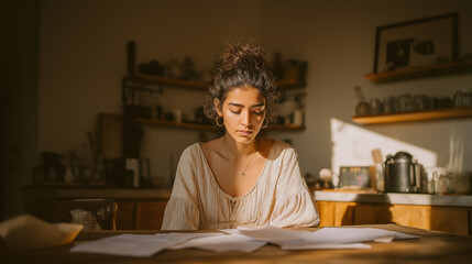 Young Woman Reading Documents in Sunlit Kitchen Setting