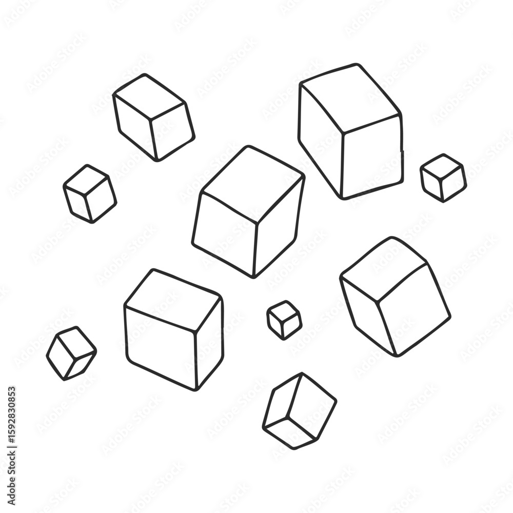 Poster hand-drawn floating cubes pattern with varying sizes in black and white