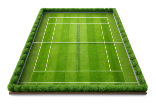 A perfectly manicured grass tennis court with white lines and a net, isolated on a transparent background