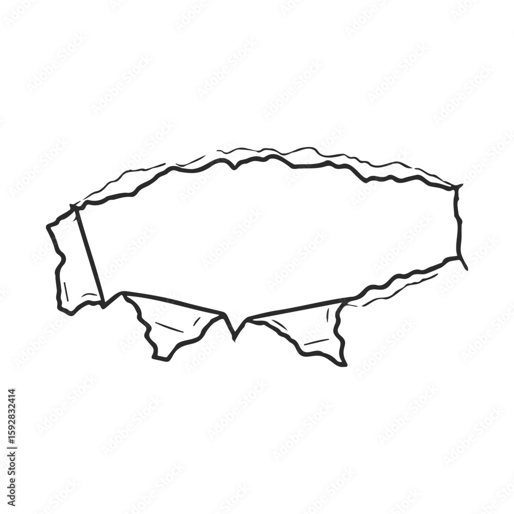 Poster torn paper hole outline with empty center on white background
