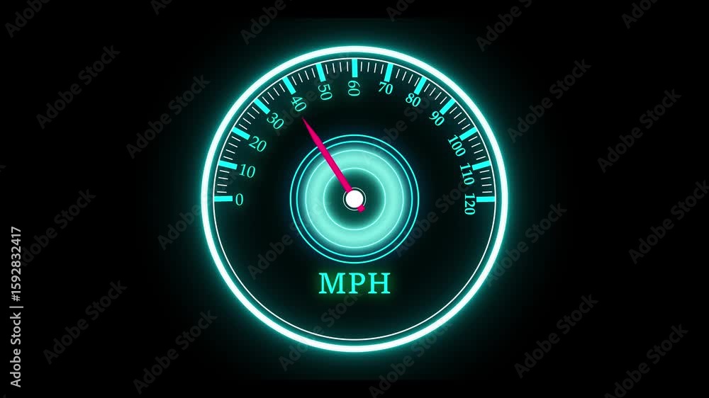 Poster animated neon speedometer gauge illustration showing high vehicle speed and acceleration. neon speed