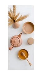 Minimalist Still Life with Honey, Teapot, and Pampas Grass
