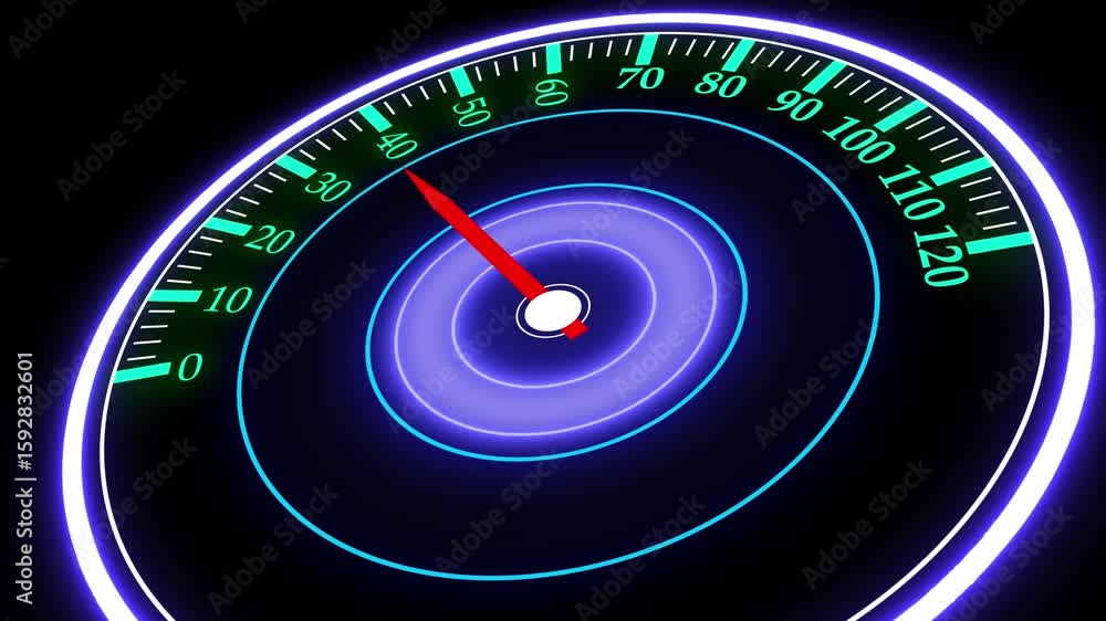 Poster animated neon speedometer glowing against a dark background with blue spirals. neon speedometer anim