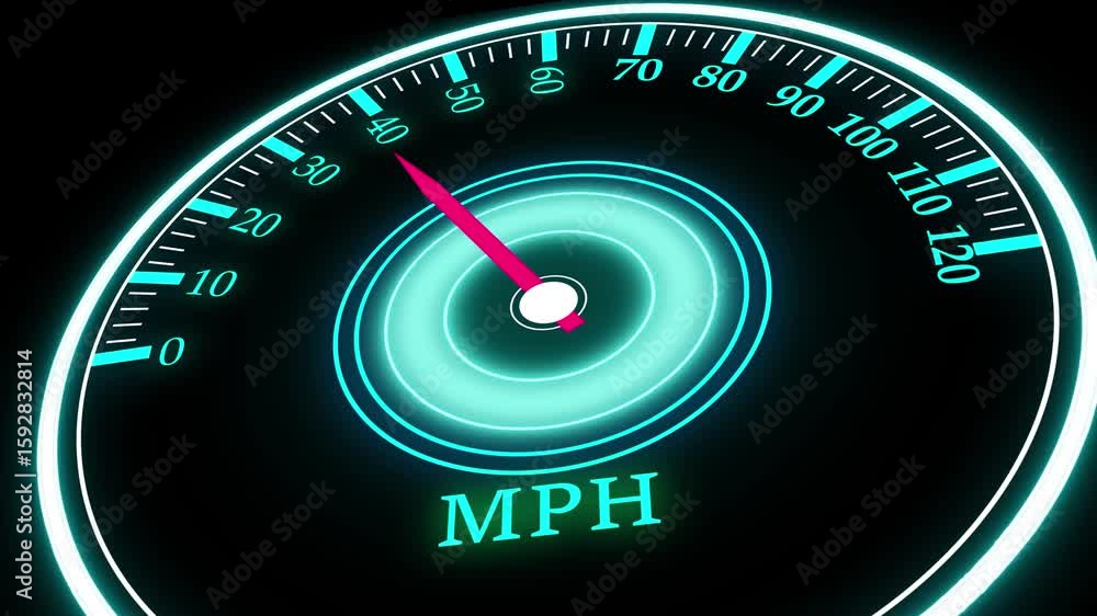 Poster digital speedometer dashboard glowing displaying seventy miles per hour on black background. digital