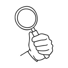 Hand holding magnifying glass line drawing icon illustration