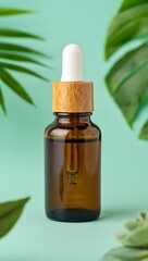 Amber Glass Bottle with Dropper and Tropical Leaves