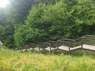 Mountain landscape with wooden stairs