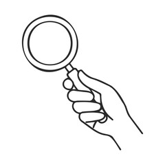Hand holding magnifying glass line drawing on white background