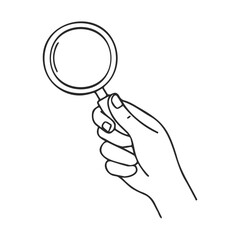Hand holding magnifying glass line art illustration black and white