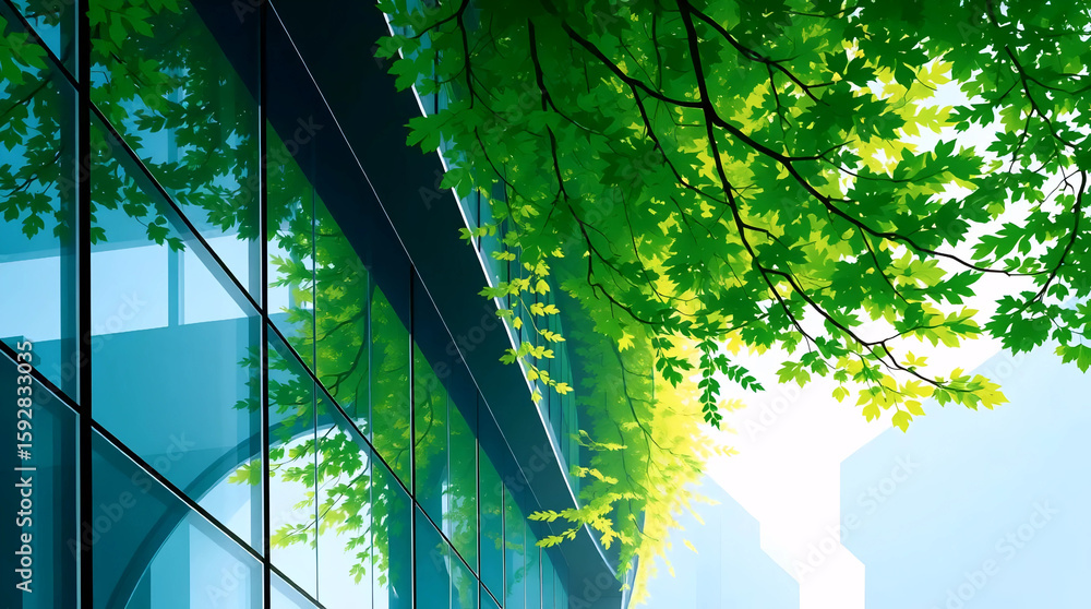 Poster view from below of green leafy tree canopy with sunlight filtering through, creating a fresh and nat