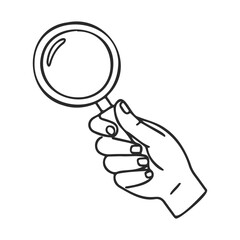Hand holding magnifying glass illustration in black and white line art style