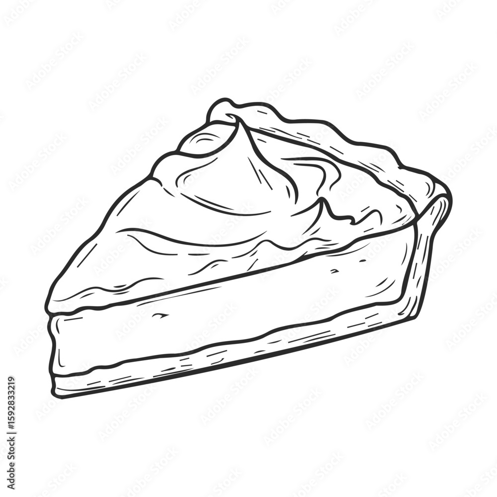 Poster sketch of a cream-topped pie slice with detailed crust and filling line art