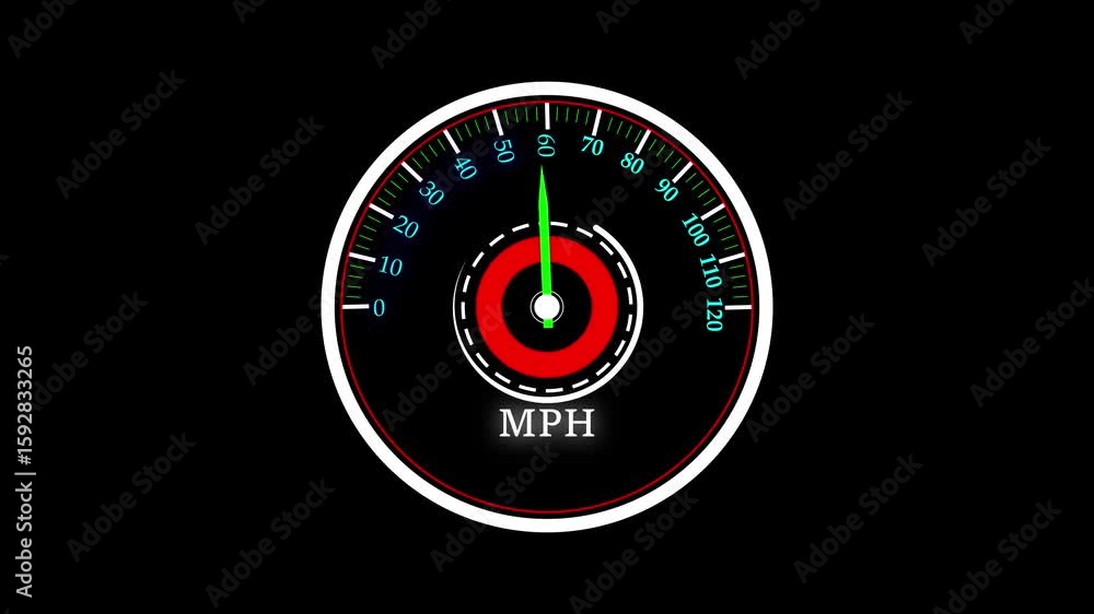 Poster animated digital speedometer dial displays vehicle speed in miles per hour on black background. digi