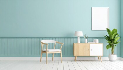 Obraz premium Light teal room with wooden furniture and plant
