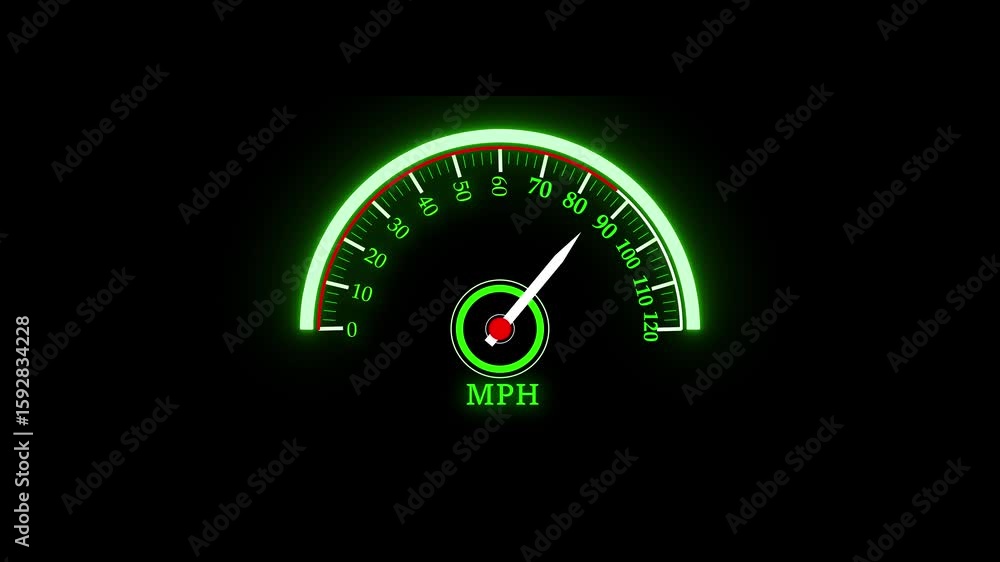 Poster animated digital glowing speedometer dashboard with mph on a black background. digital speed gauge a