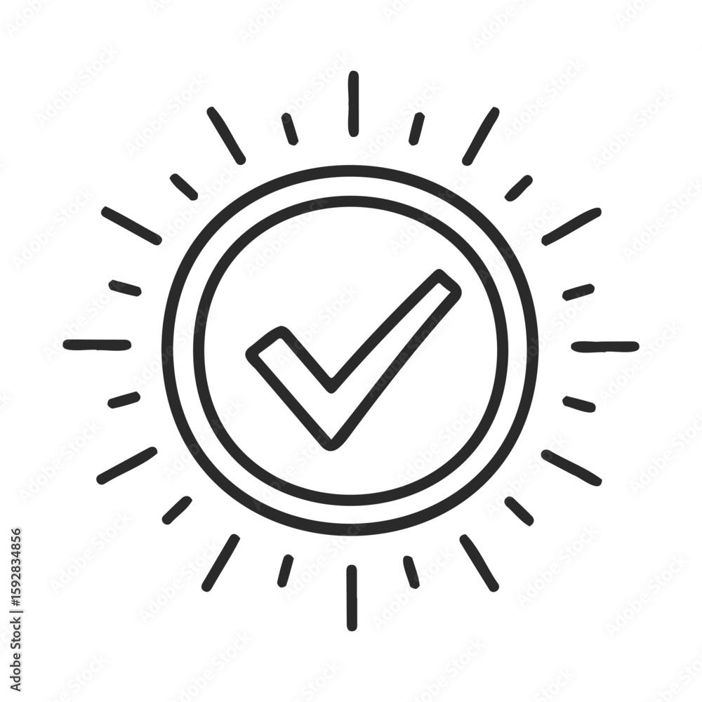 Poster minimal check mark symbol with radiating lines for approval