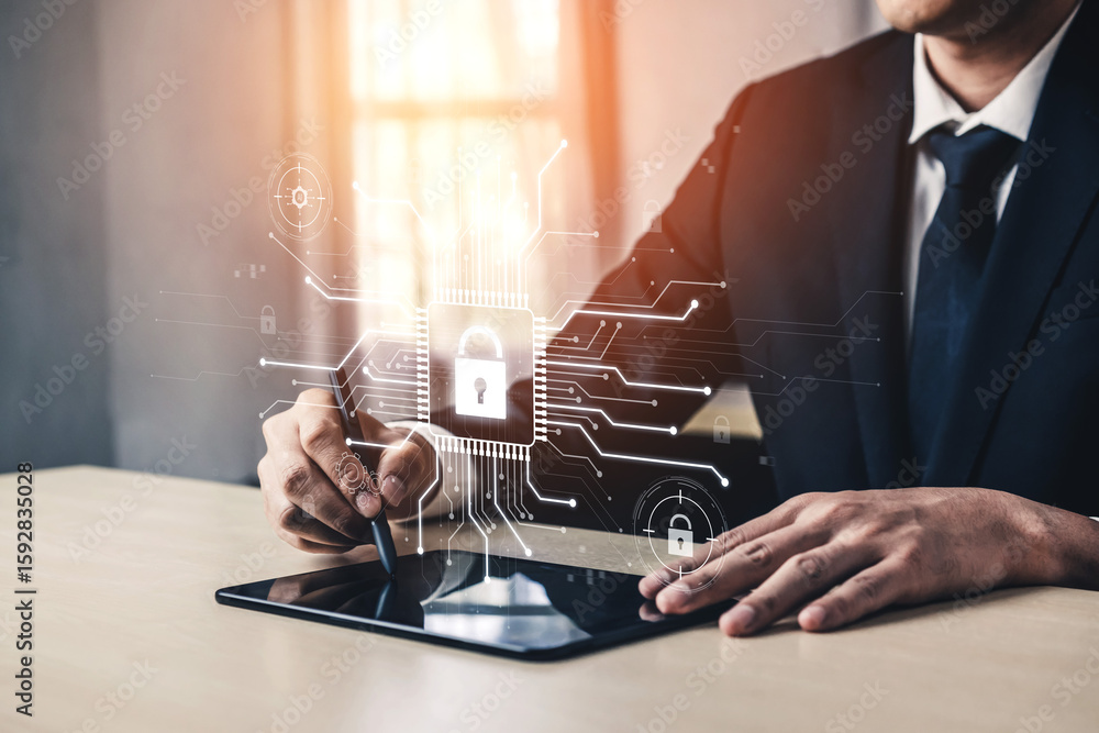 Poster cyber security system protecting digital infrastructure. cyber security ensures data safety, prevent