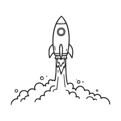 Fototapeta premium Line art rocket launch with smoke and flames in monochrome style
