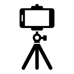 Smartphone on Tripod: Minimalist Black Icon, Stable, Professional, Versatile, Mobile Photography, Video Production, Content Creation, Compact, Convenient, Easy Setup, Clean Design, Modern Technology.