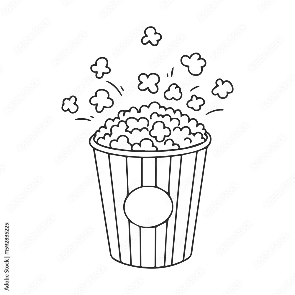 Poster outlined popcorn bucket with popping kernels on white background