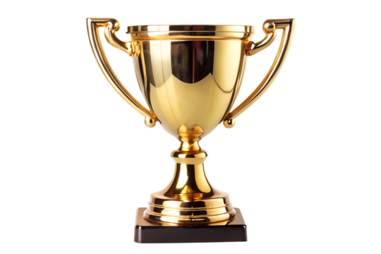A gleaming gold trophy stands proudly, symbolizing victory and achievement in sports, isolated on a transparent background