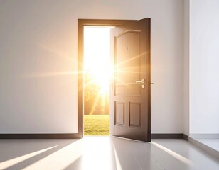 Open door to a sunlit landscape