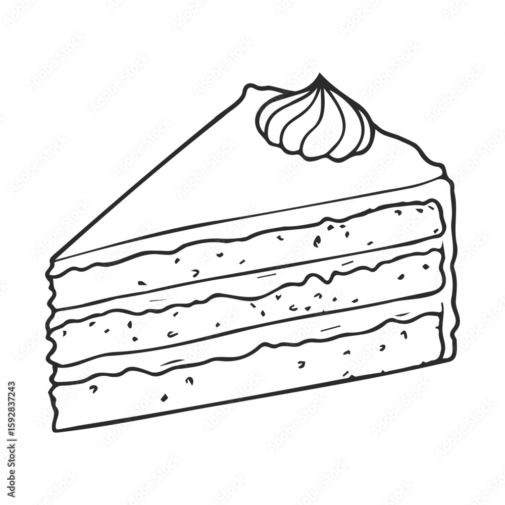 Aufkleber black and white sketch of a three-layer cake slice with frosting