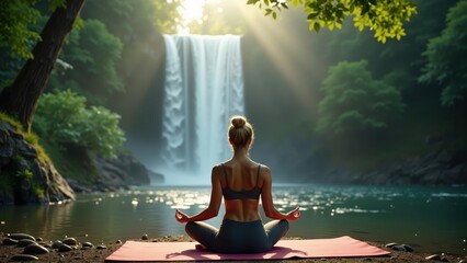 Woman Meditating by Waterfall