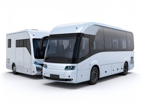 Two modern white vehicles, likely a bus and camper van, presented side-by-side on a plain background