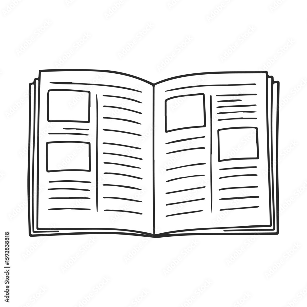 Poster hand-drawn open book with text and blank squares on white background