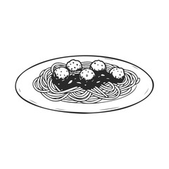 Spaghetti and meatballs on plate sketch - classic italian dish in black and white illustration