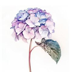 Tender Purple Hydrangea Watercolor Illustration with Green Leaves Isolated on White Background