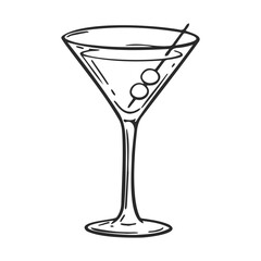 Fototapeta na wymiar Sketch of a classic martini glass with olives on a stirrer