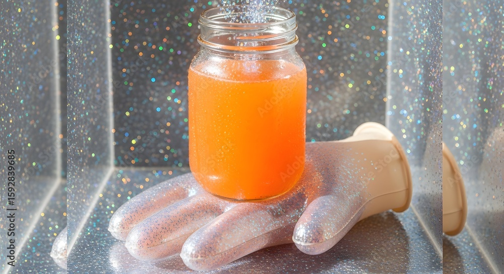 Poster orange liquid in glass jar on sparkly hand-shaped object with shimmering glitter background. sparkli