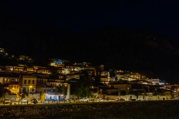 Berat, historic city in south of Albania, at night