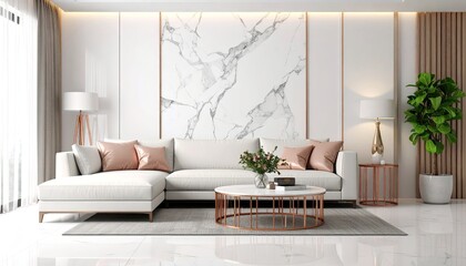 Modern white living room with rose gold accents