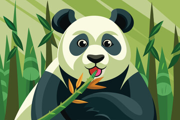Cute baby panda bear illustration with green bamboo leaves