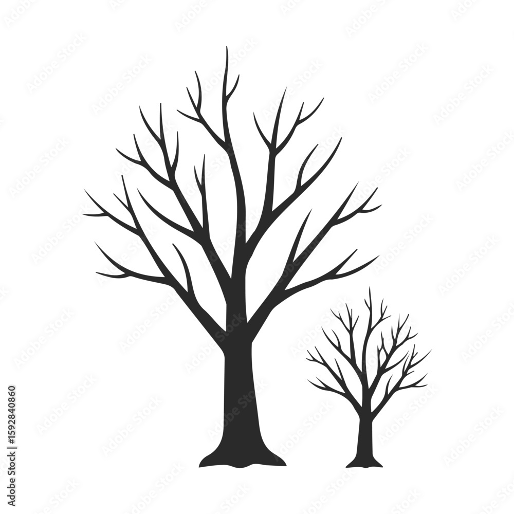 Poster silhouette of two leafless trees in minimalist design on white background