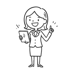 Cartoon drawing of female character with tablet pointing upward