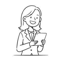 Smiling asian female character holding tablet in business attire