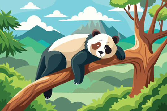 Cute cartoon panda bear playing soccer with a ball in a bamboo tree