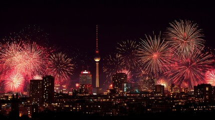 Vibrant fireworks display over city skyline at night
