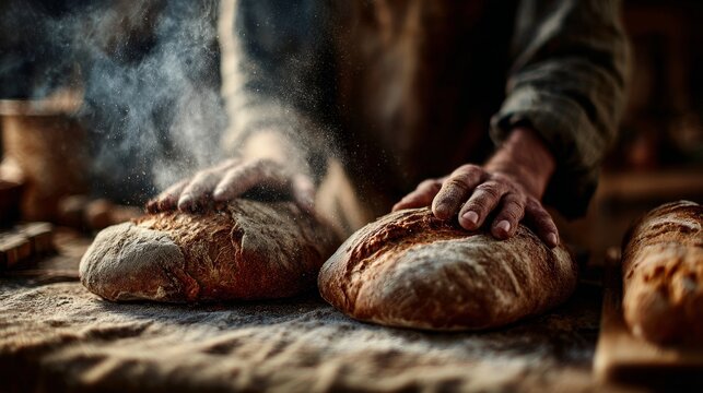Skilled baker's hands crafting fresh artisan bread in rustic bakery setting