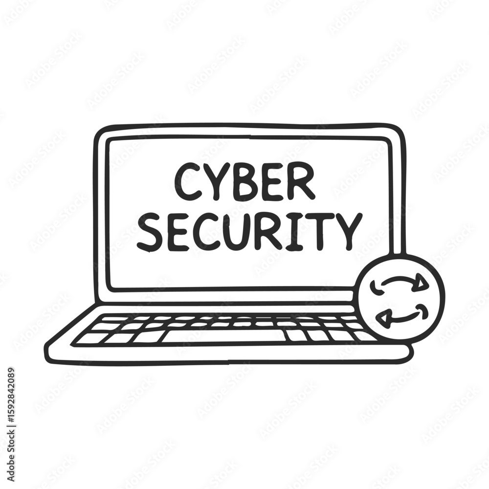 Poster hand-drawn laptop with cyber security text and sync icon