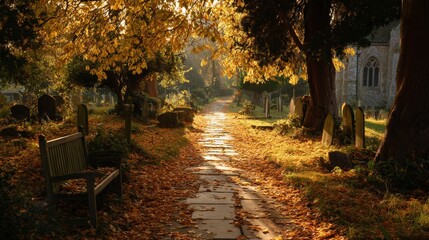 Naklejka premium Autumn pathway in historic cemetery with sunlit foliage and stone church