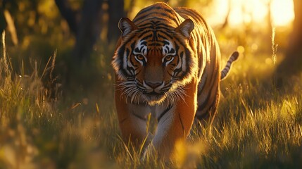 A beautiful Bengal tiger walking through tall grass at dusk with its powerful shoulders and tail catching the last light of the setting sun
