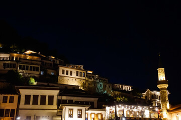 Berat, historic city in south of Albania, at night